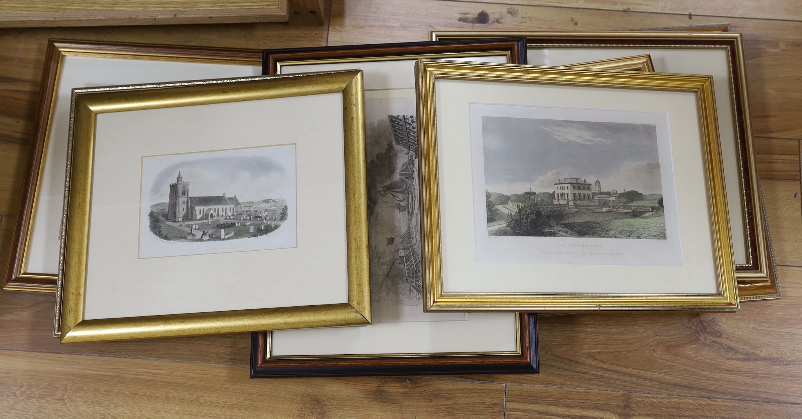 Nine 19th century engravings and prints of Brighton views, some hand coloured including, ‘Entrance court of the Brighton aquarium’, ‘View of the Old Ship Hotel and Kings Road Brighton’, after R.H Nibbs and ‘The Park, Bri
